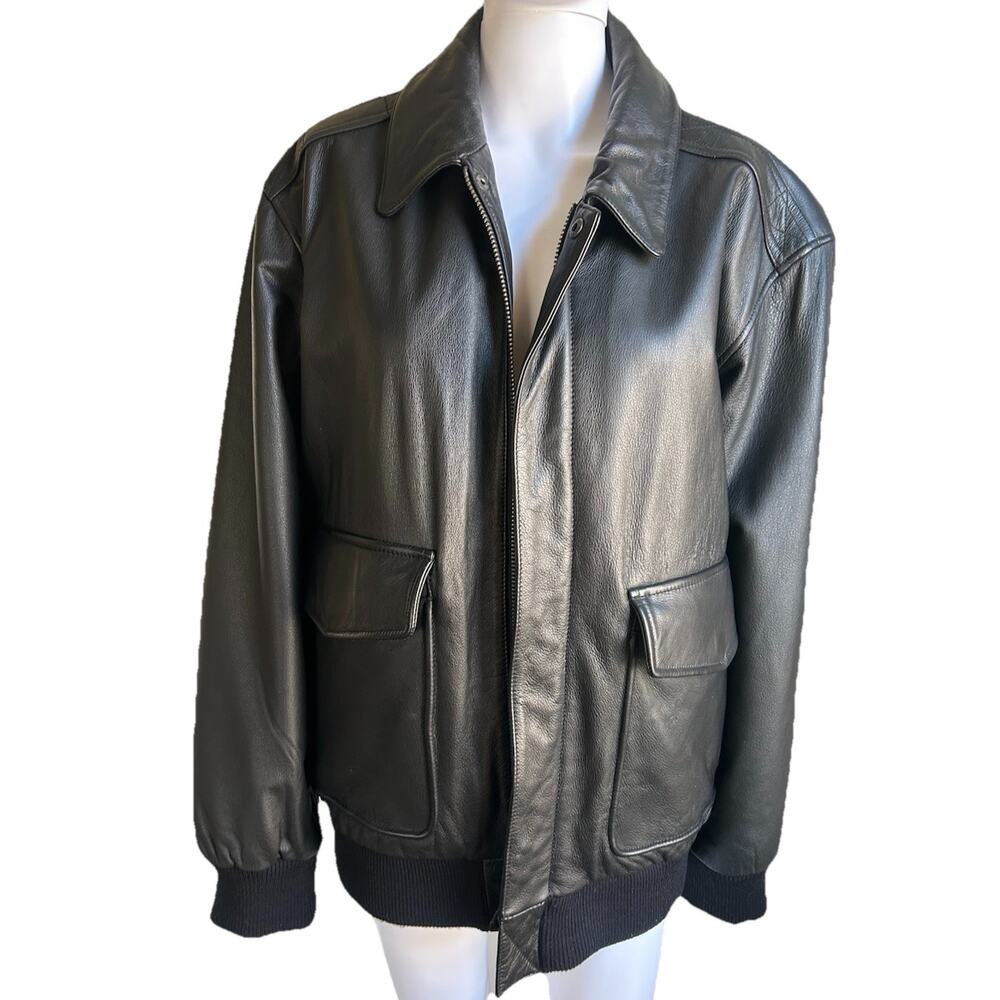 Leather Bomber Jacket Mens L Black Soft Buttery Flight Zip Croft & Barrow - Picture 3 of 15